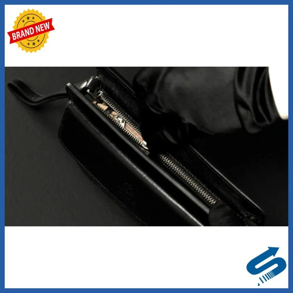 Full-Grain Leather Clutch with Wrist Strap, Detachable Band, Multiple Pockets